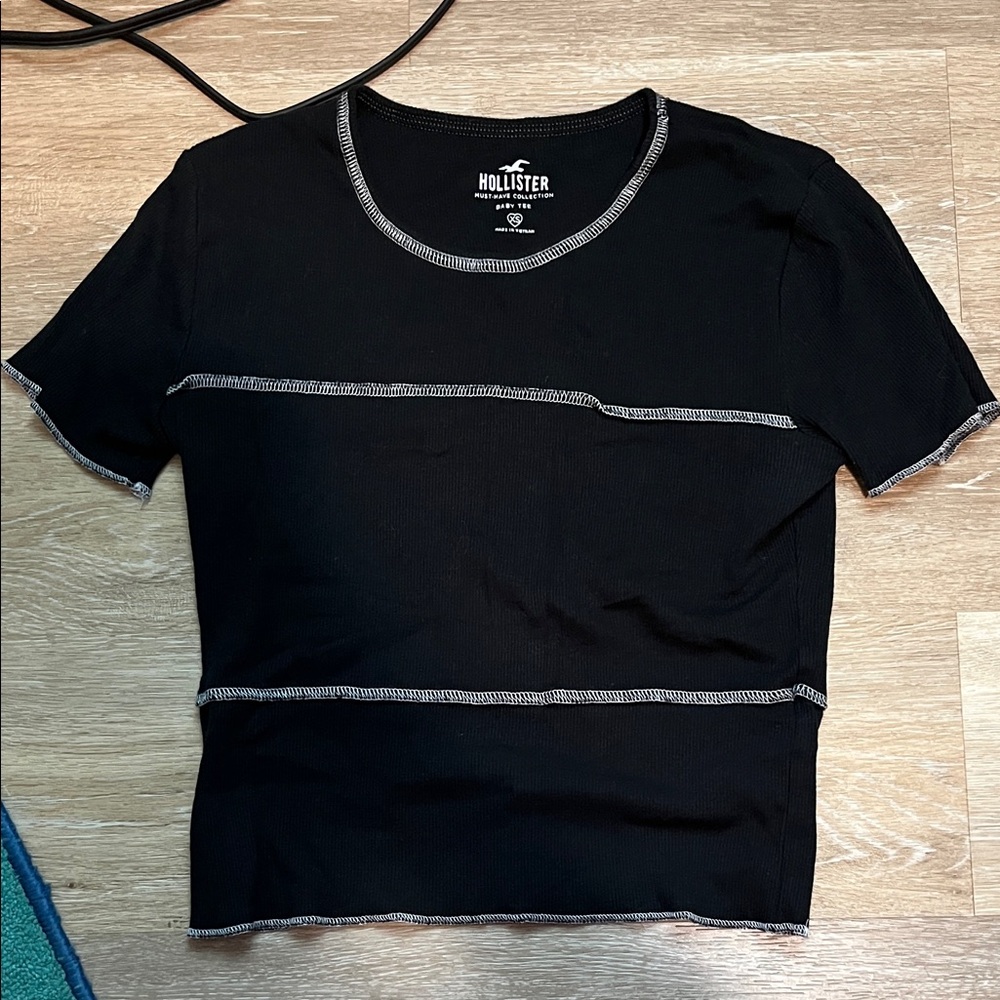 Hollister Black Baby Tee with White Stitching